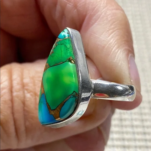 PEACOCK DAHLIA TURQUOISE Size 6 In Solid Sterling Silver 925 - Picture 6 of 7